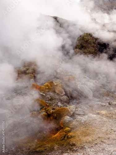 Fumarole and yellow stones inside active vulcano Solfatara