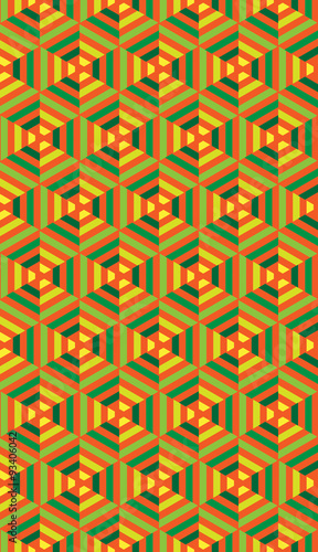 Vertical seamless geometric pattern with yellow and green stripes on an orange background