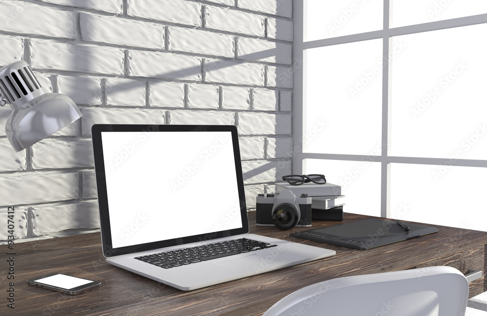 Fototapeta premium 3D illustration laptop and work stuff on table near brick wall