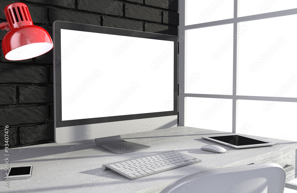 Fototapeta premium 3D illustration PC screen on table in office, Workspace