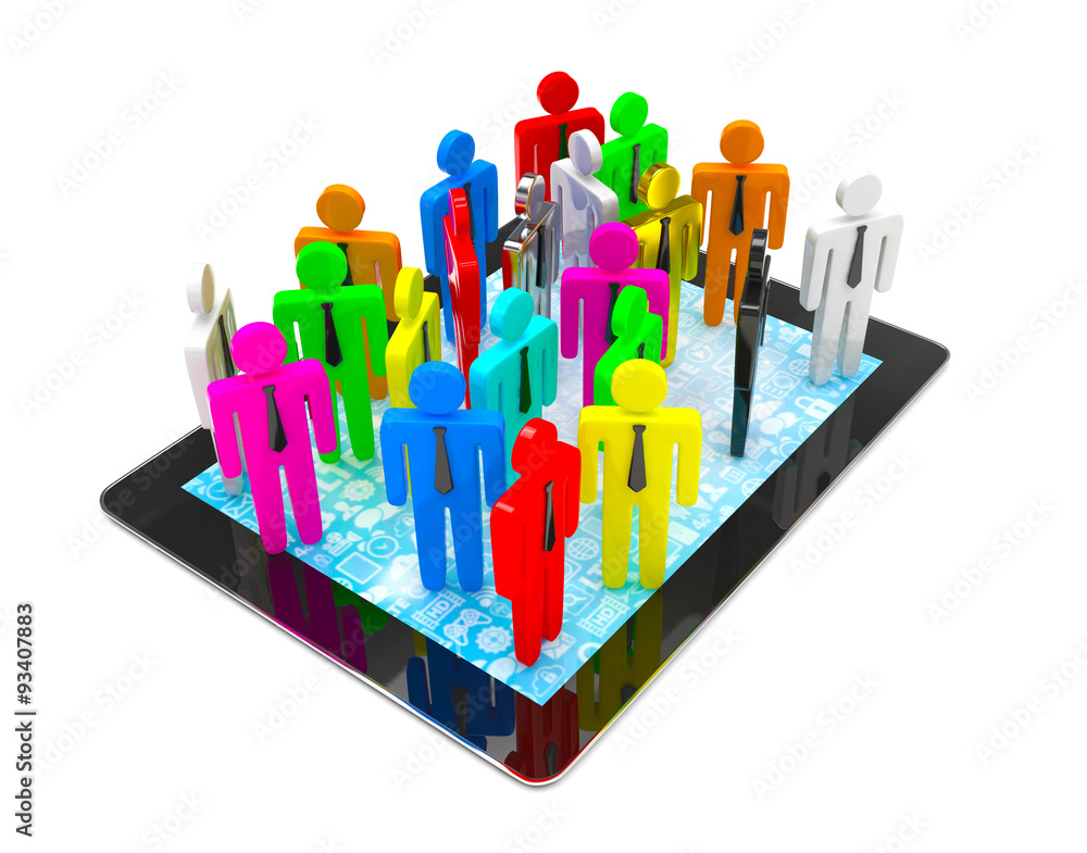 group of people figures on tablet PC, 3d render group of people figures on tablet PC, 3d render