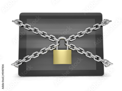 tablet PC with chains and lock isolated on white background © Natalia Merzlyakova