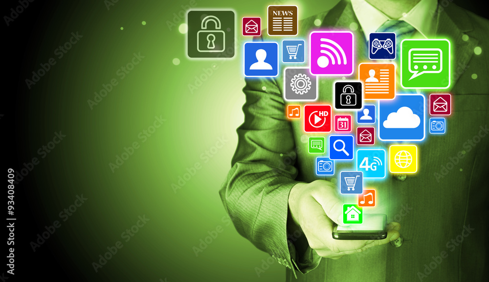 Business man using smart phone with social media icon set Business man using smart phone with social media icon set
