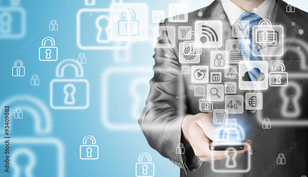 Business man using smart phone with social media icon set Business man using smart phone with social media icon set