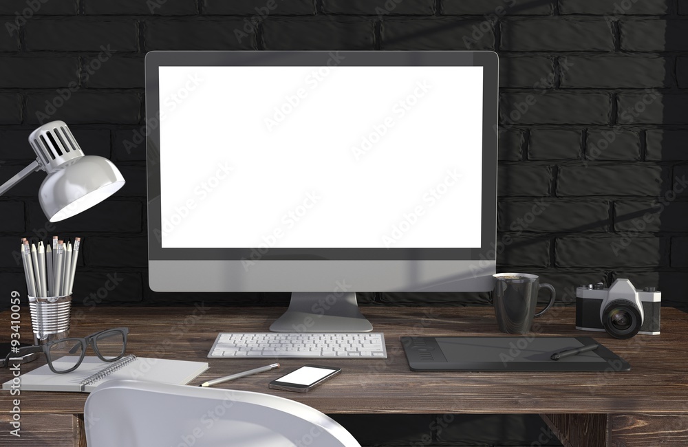 3D illustration PC screen on table in office, Workspace 3D illustration PC screen on table in office, Workspace