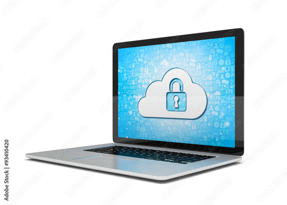 3d rendering of a laptop with cloud security concept 3d rendering of a laptop with cloud security concept