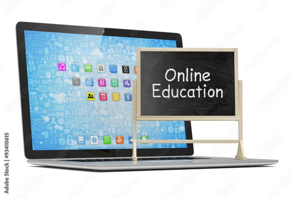  Laptop with chalkboard, online education concept
