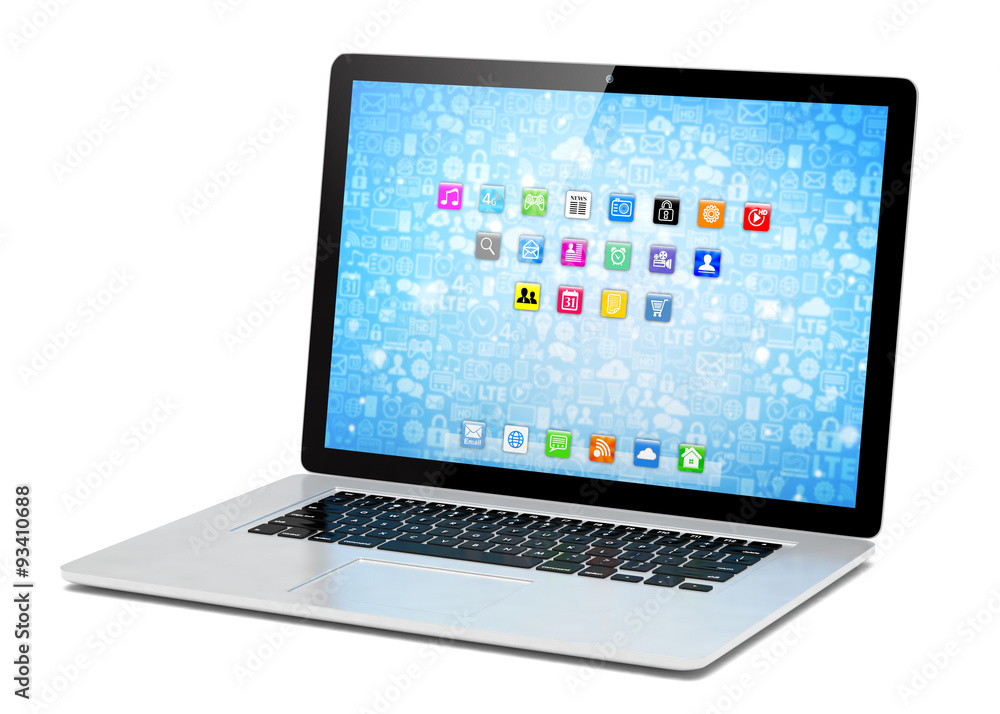 3d rendering of a laptop with blue wallpaper with app icon 3d rendering of a laptop with blue wallpaper with app icon