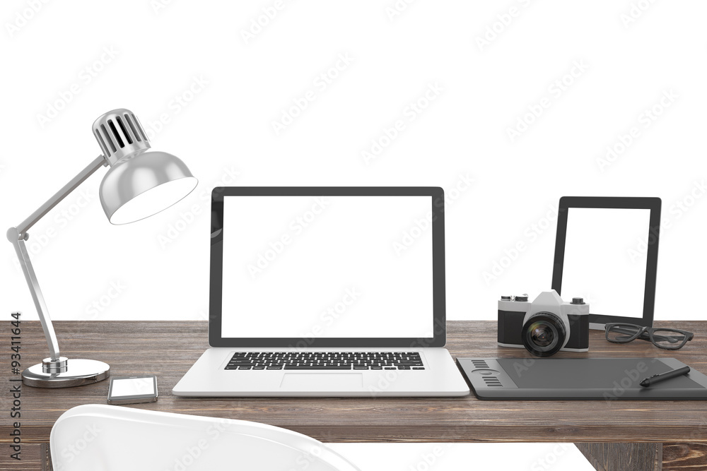3D illustration laptop and work stuff on table near brick wall 3D illustration laptop and work stuff on table near brick wall