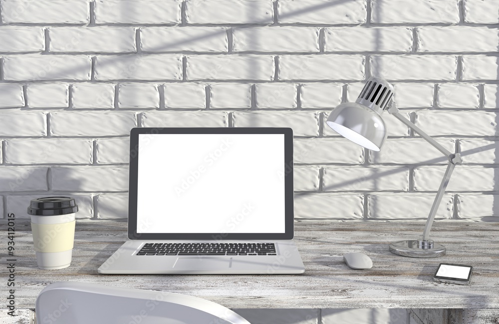 Fototapeta premium 3D illustration laptop and work stuff on table near brick wall