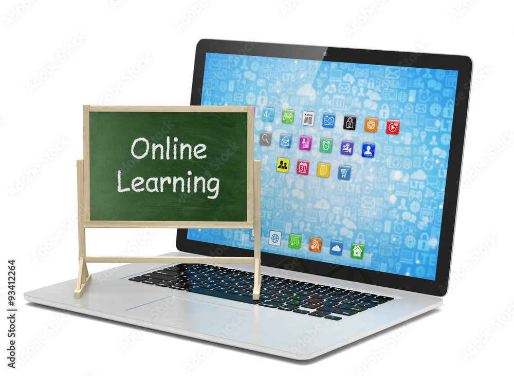 Fototapeta premium Laptop with chalkboard, online education concept