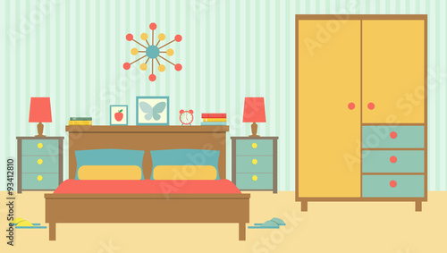 flat retro bedroom with wardrobe.vector illustratoin