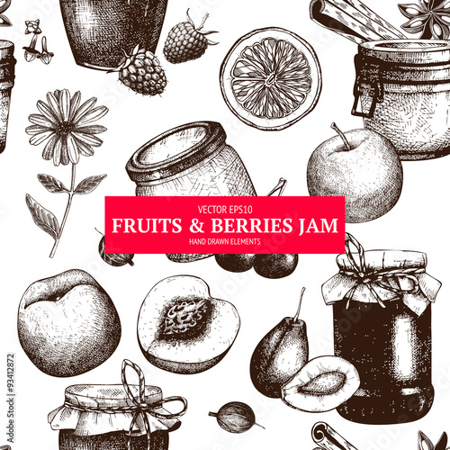 Vector design with ink hand drawn jam jars with fruits and berries. Vintage decorative glass mason or canning jars with fruits and berry jam sketch isolated on white.