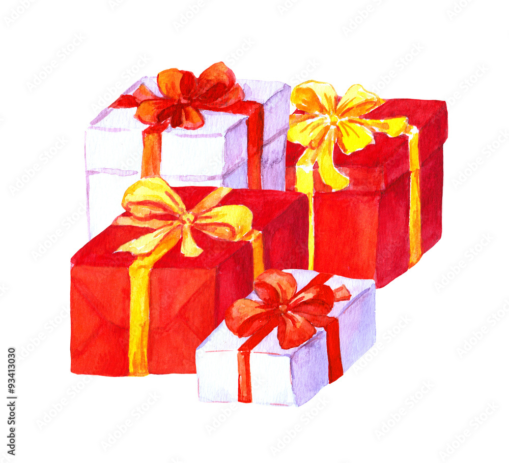 Obraz premium Christmas presents. Red and white boxes. Watercolour