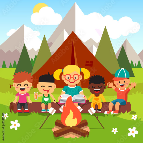 Kindergarten kids camping in the forest