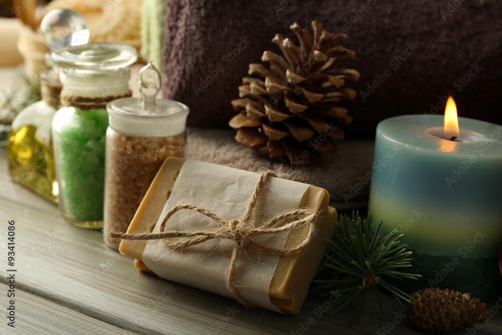 Spa treatments with pine extract on wooden background Spa treatments with pine extract on wooden background
