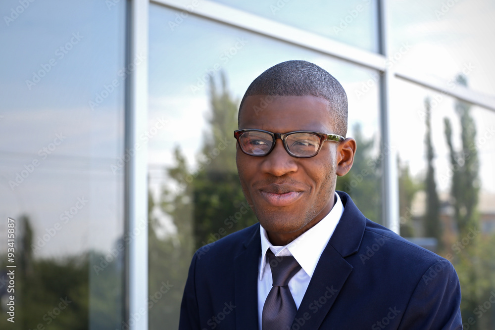 Handsome African American businessman near business centre Handsome African American businessman near business centre