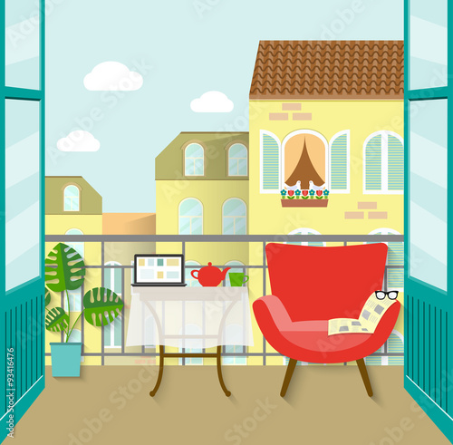 view from the balcony over the town. flat vector illustration