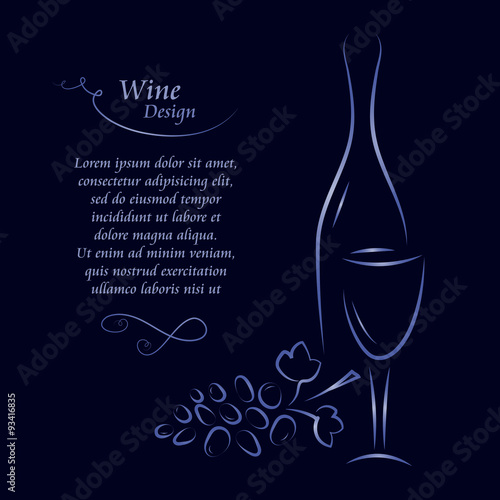 Wine list silhouette line design. Wine bottle, wineglass and bunch of grapes background with place for text. Abstract vector illustration. Concept for wine list, menu, flyer, party, alcohol drinks