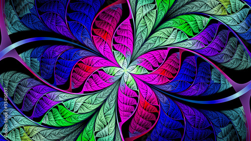 Extraordinarily beautiful colorful stained glass. Leaves are fabulous plants. Abstract. Fractal Wallpaper on your desktop. Widescreen. Digital artwork for creative graphic design. Dark background.