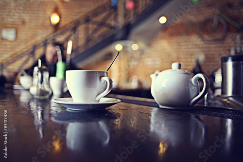 cup of tea at a cafe blurre...