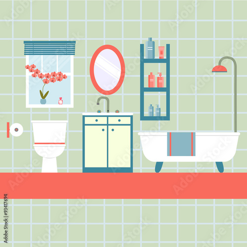 flat bathroom with window and toilet, orchid. vector illustration
