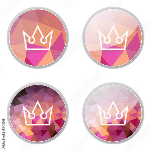 Crown vector icon set in polygon geometric style. Royal logos with crystal mosaic background for web and apps isolated on white background. Crown logo in purple colored theme.