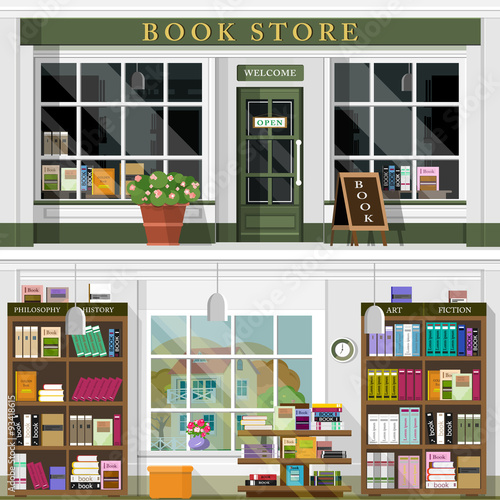 Set of vector detailed flat design bookstore facade and interior. Cool graphic interior design for book shop with books, book cases, shelves, places for reading. Flat style vector illustration. photo