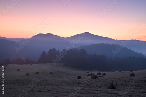 Picturesque misty and cold  sunrise in landscape. First hoarfrost in foggy morning meadow