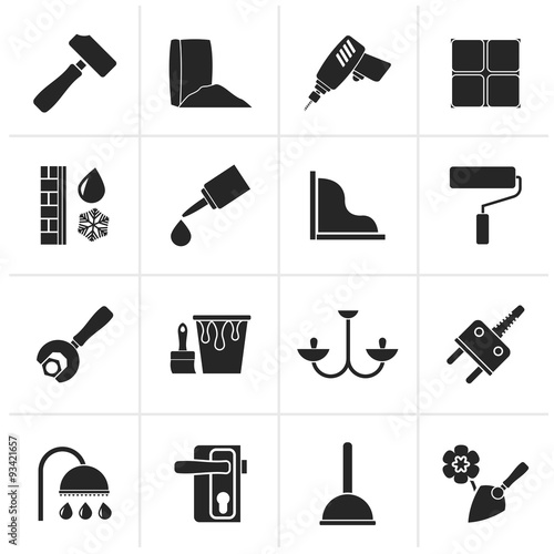 Black Construction and building equipment Icons - vector icon set 1