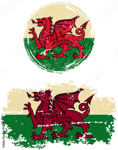 Welsh round and square grunge flags. Vector illustration.