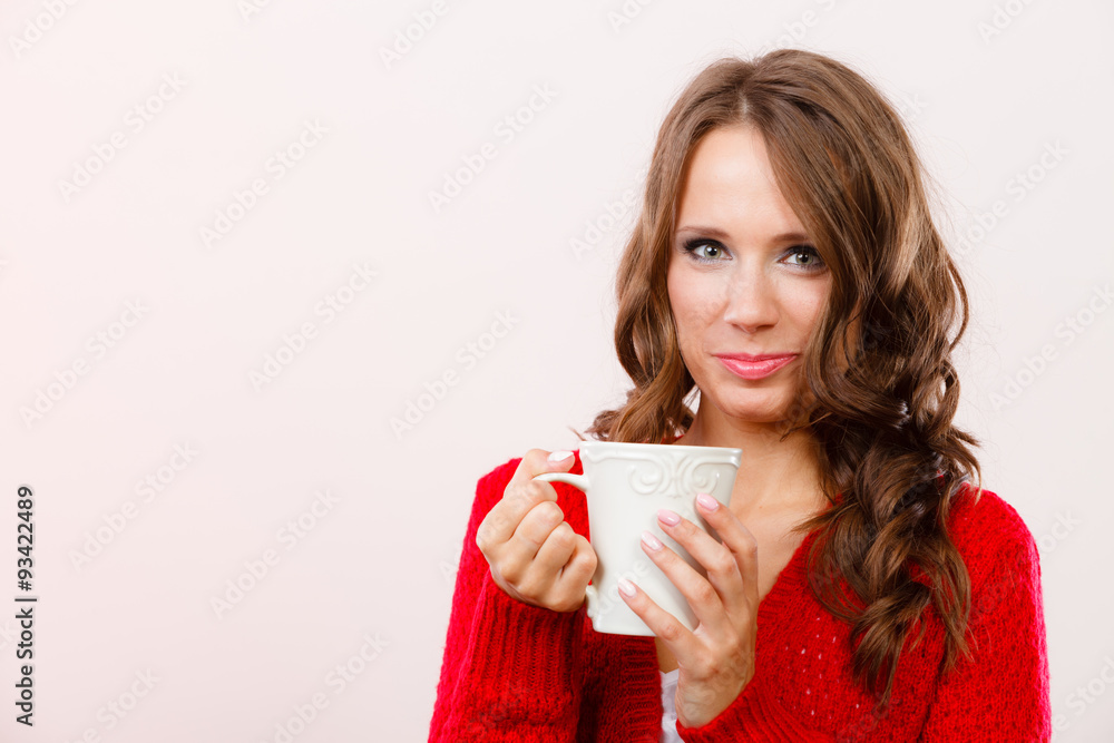 Autumn woman holds mug with coffee warm beverage Autumn woman holds mug with coffee warm beverage