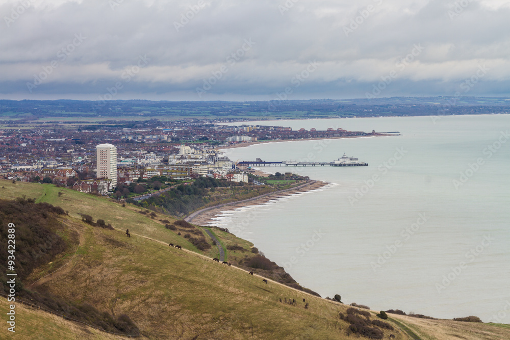 Eastbourne in distance on dull day. Eastbourne in distance on dull day.