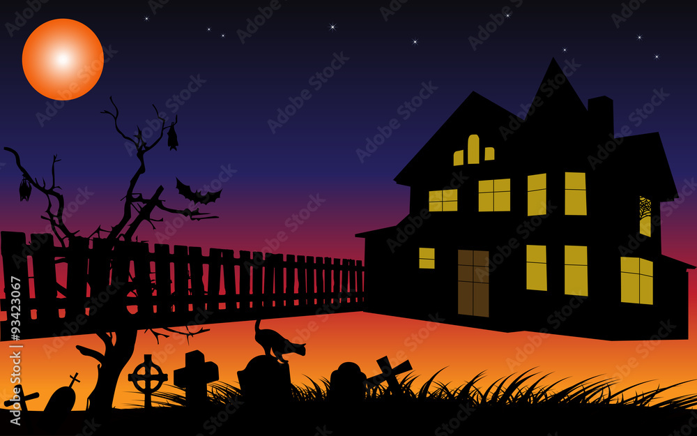 Halloween background with cemetery,house and fence silhouettes in the moon light.Vector illustration.
