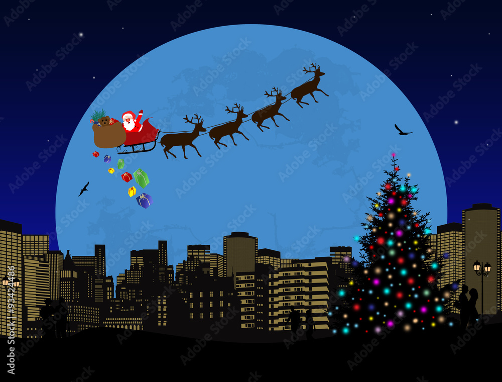 Urban holiday background illustration with santa claus