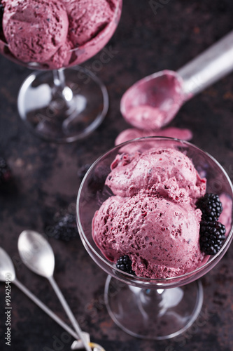 BlackBerry ice cream with fresh blackberries in a glass sundae dish. selective focus