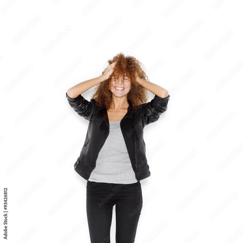 funny cute smiling woman on white background funny cute smiling woman on white background