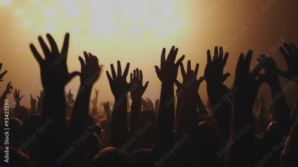 Here is footage of people crowd partying at a concert or a night club. You can see dark silhouettes dancing, jumping and waving hands in front of stage.
