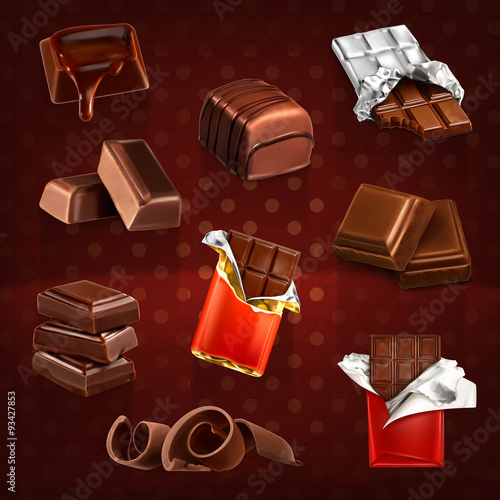 Chocolate bars and pieces, vector set dark