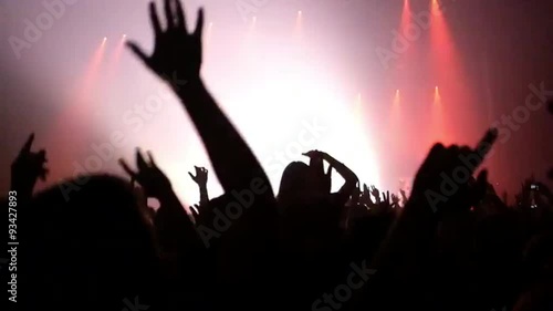 Here is  footage of people crowd partying at a concert or a night club. You can see dark silhouettes dancing, jumping and waving hands in front of stage.
