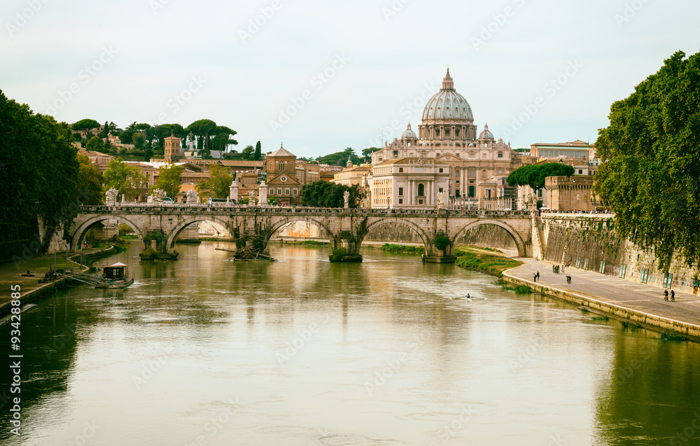 view of Basilica St Peter and river Tiber in Rome. Italy
