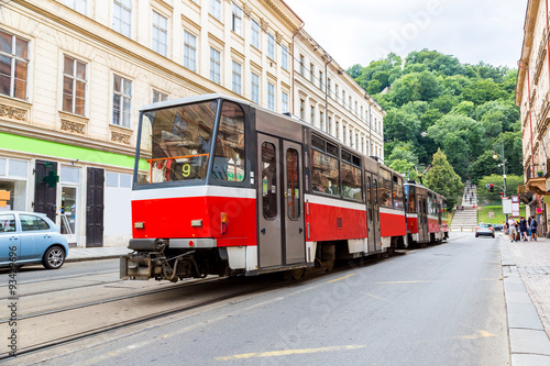 Prague red Tram detail, Czech Republic