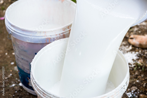 labor pouring white paint from a bucket