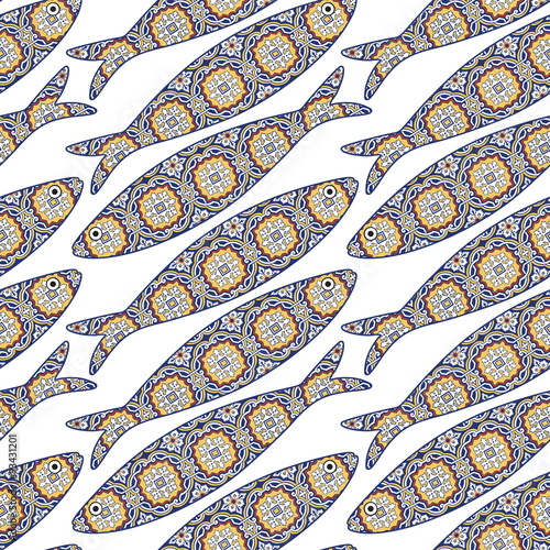 Traditional portuguese sardine and azulejo tiles background. Seamless pattern with ornamental fish. Fish pattern in abstract style with colorful tiles.