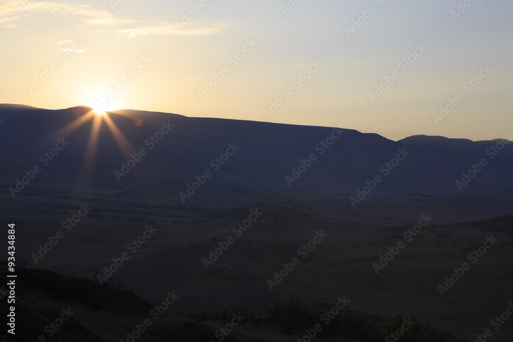 Kuray mountain range and steppe at dawn.