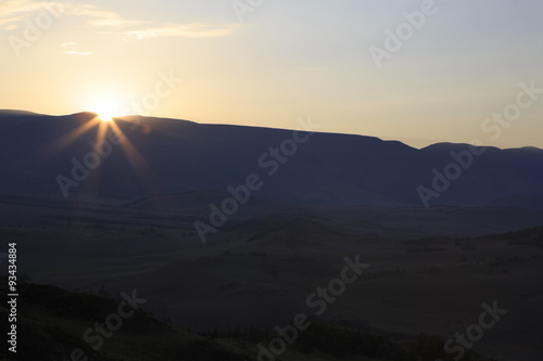 Kuray mountain range and steppe at dawn.
