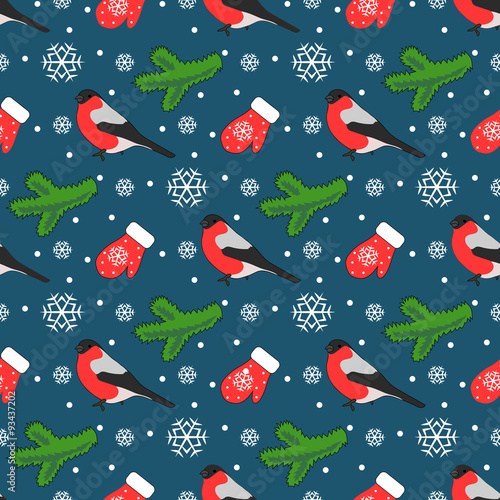 Christmas pattern. Bullfinches, snowflakes and fur-tree branch