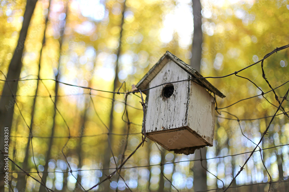Old Homemade Birdhouse on Fence in Autumn Woods Old Homemade Birdhouse on Fence in Autumn Woods