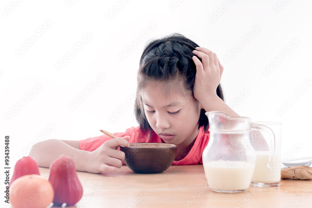 Asian girl don't want to eat his breakfast Asian girl don't want to eat his breakfast