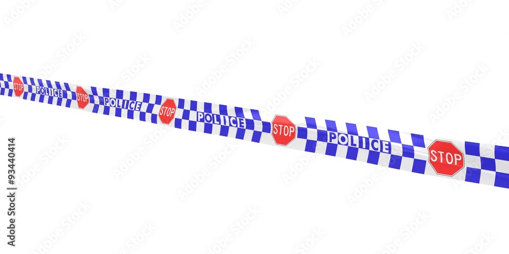 Obraz premium Blue and White Checkered Police Stop Sign Tape Line at Angle